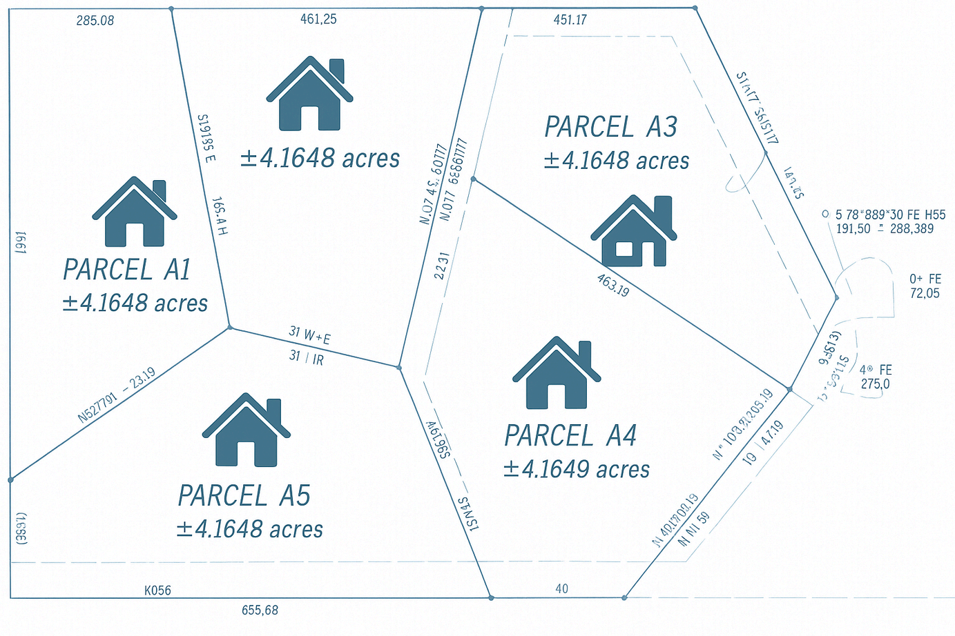 Proposed five-lot split map with parcel dimensions